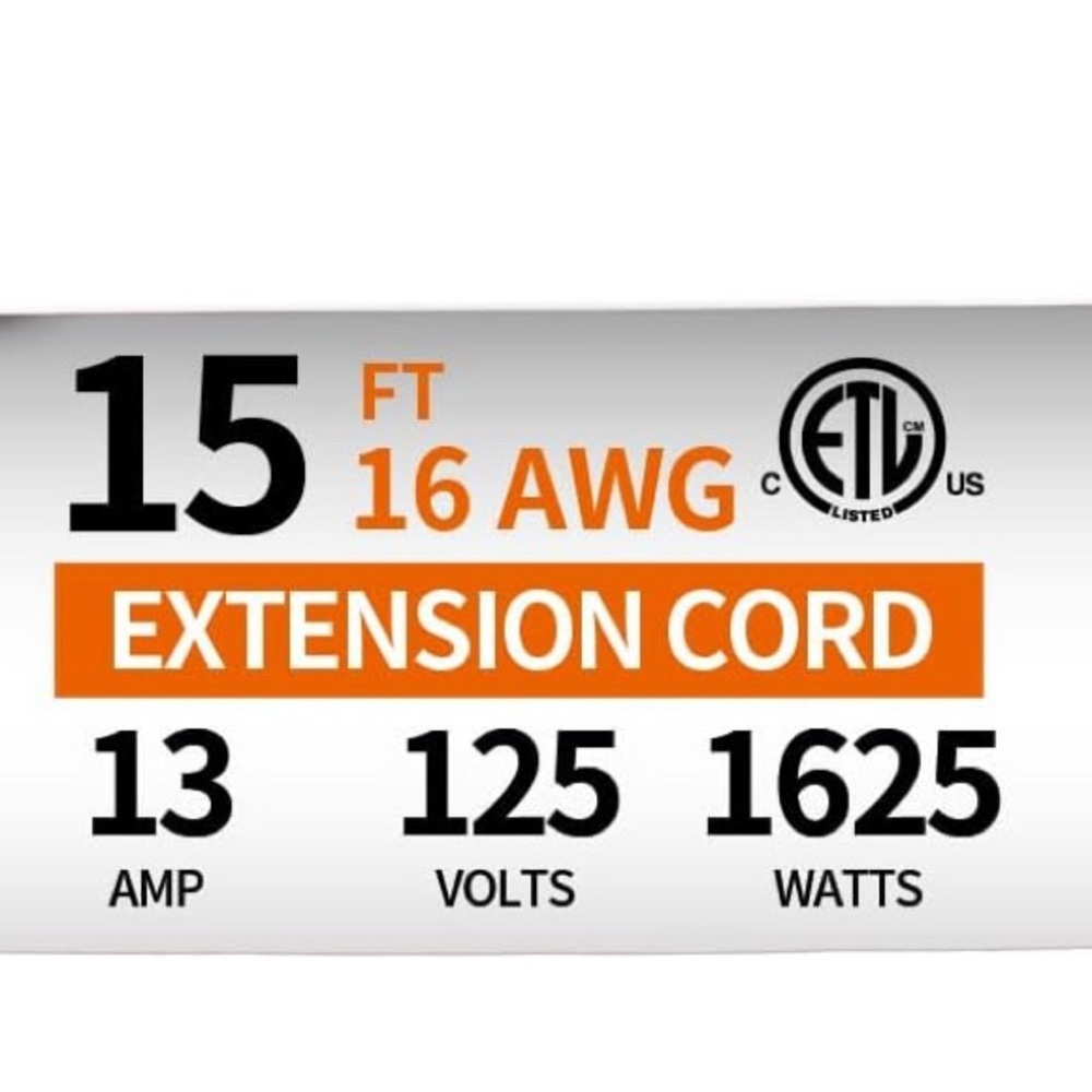 15ft 16AWG Outdoor Extension Cord, Indoor/Outdoor 15-Foot SJTW 16/3 Gauge Extens
